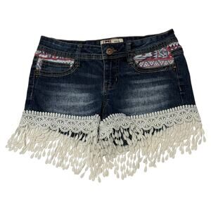 LEI Ashley Low Rise Denim Jean Shorts Aztec Lace Tassel Trim Blue Red White 1